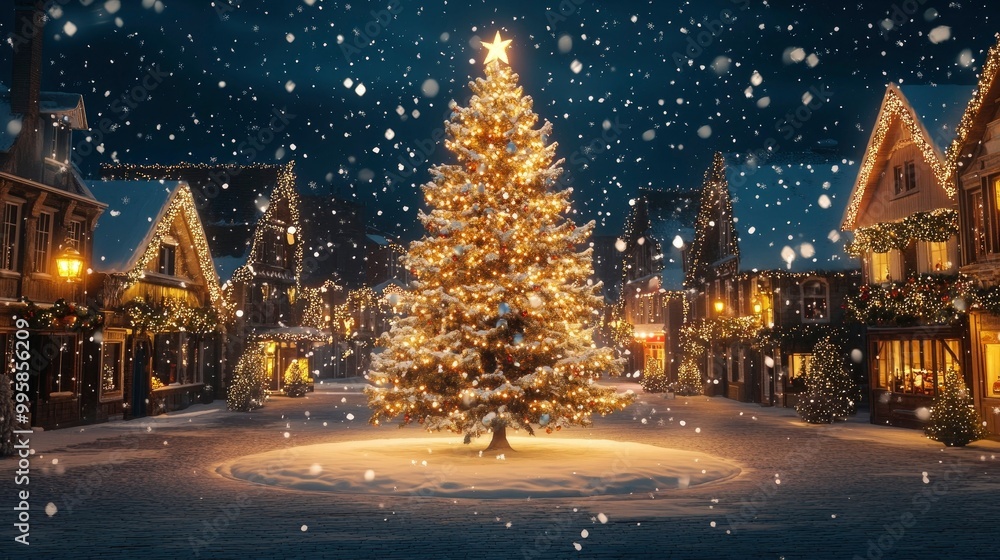 A beautifully decorated Christmas tree standing in the center of a town square, surrounded by snow and holiday cheer. A beautifully decorated Christmas tree standing in the center of a town square, surrounded by snow and holiday cheer.