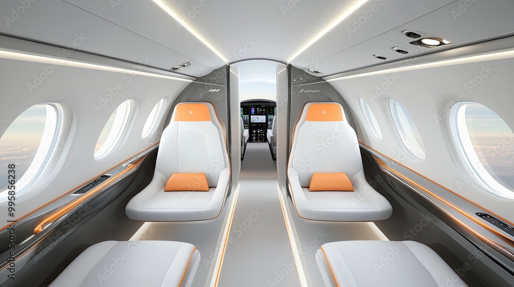 Fototapeta premium The interior of a private jet offers spacious seating in orange and white, enhanced by large windows that fill the area with natural light and comfort for travelers