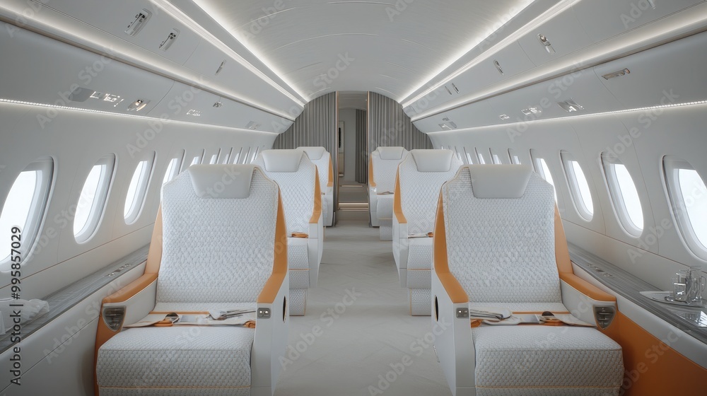 Obraz premium The interior of a private jet offers spacious seating in orange and white, enhanced by large windows that fill the area with natural light and comfort for travelers