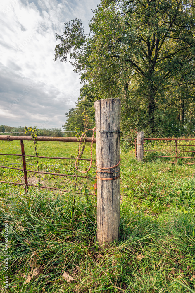 Opened gate attached to wooden poles. The photo was taken on the last day of the Dutch summer season at the edge of a nature reserve in the province of North Brabant.