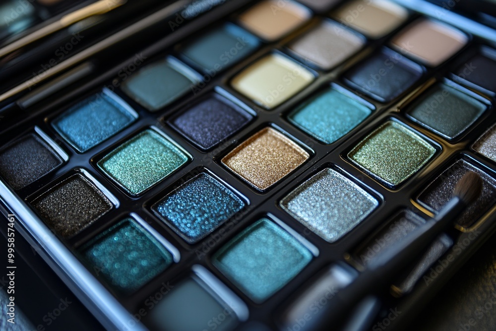Cool toned eyeshadow palette featuring blue green and teal shades with sleek design perfect for creating fresh modern makeup looks Cool toned eyeshadow palette featuring blue green and teal shades with sleek design perfect for creating fresh modern makeup looks