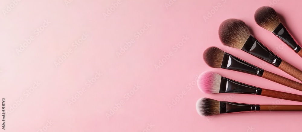 A row of makeup brushes on a soft pink background, showcasing various brush styles and sizes, ideal for beauty enthusiasts. A row of makeup brushes on a soft pink background, showcasing various brush styles and sizes, ideal for beauty enthusiasts.