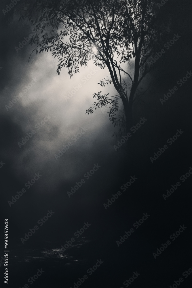Serene Dark Background with Minimalist Tree Silhouette Serene Dark Background with Minimalist Tree Silhouette