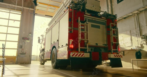 Fire Truck Exits the Fire Department, Highlighting the Urgency and Readiness of Firefighters Responding to an Emergency Call. Team Drive Off to Handle a Critical Situation. Warm Color Grade