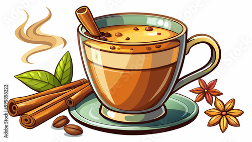 Freshly brewed coffee with a sprinkle of cinnamon brainstimulating beverage rich in antioxidants , Indian Masala chai tea. Traditional Indian hot drink with milk and spices on white background closeup