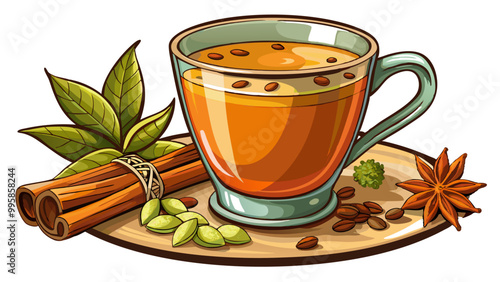 Freshly brewed coffee with a sprinkle of cinnamon brainstimulating beverage rich in antioxidants , Indian Masala chai tea. Traditional Indian hot drink with milk and spices on white background closeup