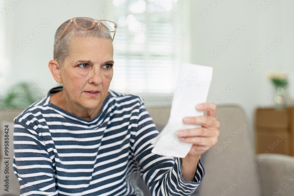 Senior Woman Reading a Receipt in Living Room with Concerned Expression, Wearing Striped Shirt and Glasses on Head Senior Woman Reading a Receipt in Living Room with Concerned Expression, Wearing Striped Shirt and Glasses on Head