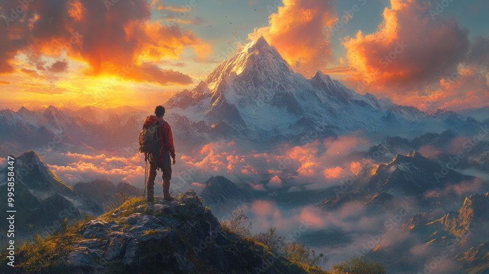 A hiker gazes at a majestic mountain during a vibrant sunset. A hiker gazes at a majestic mountain during a vibrant sunset.