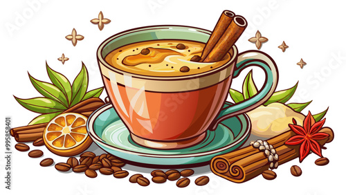 Freshly brewed coffee with a sprinkle of cinnamon brainstimulating beverage rich in antioxidants , Indian Masala chai tea. Traditional Indian hot drink with milk and spices on white background closeup