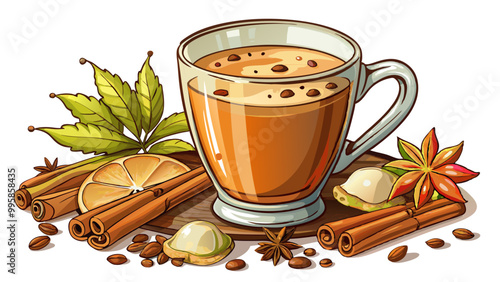 Freshly brewed coffee with a sprinkle of cinnamon brainstimulating beverage rich in antioxidants , Indian Masala chai tea. Traditional Indian hot drink with milk and spices on white background closeup