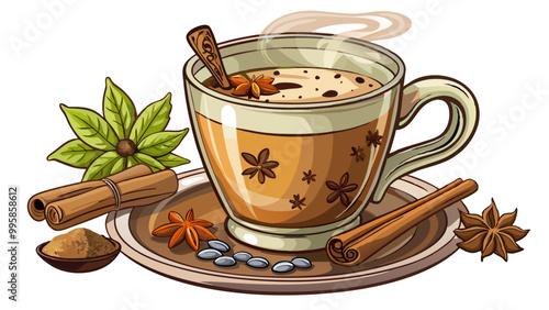 Freshly brewed coffee with a sprinkle of cinnamon brainstimulating beverage rich in antioxidants , Indian Masala chai tea. Traditional Indian hot drink with milk and spices on white background closeup