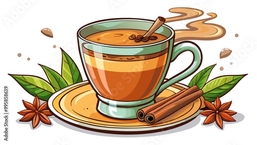 Freshly brewed coffee with a sprinkle of cinnamon brainstimulating beverage rich in antioxidants , Indian Masala chai tea. Traditional Indian hot drink with milk and spices on white background closeup