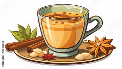 Freshly brewed coffee with a sprinkle of cinnamon brainstimulating beverage rich in antioxidants , Indian Masala chai tea. Traditional Indian hot drink with milk and spices on white background closeup