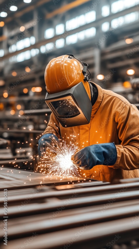 The worker dons protective gear while welding metal pieces together, creating a shower of sparks inside a factory focused on heavy machinery production The worker dons protective gear while welding metal pieces together, creating a shower of sparks inside a factory focused on heavy machinery production