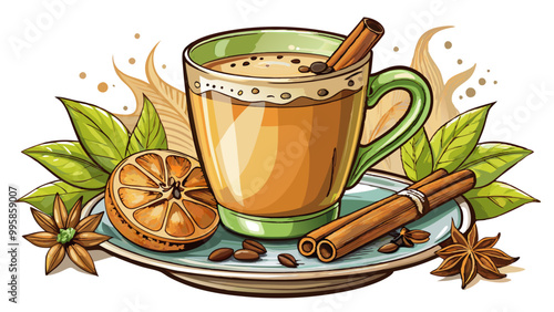 Freshly brewed coffee with a sprinkle of cinnamon brainstimulating beverage rich in antioxidants , Indian Masala chai tea. Traditional Indian hot drink with milk and spices on white background closeup