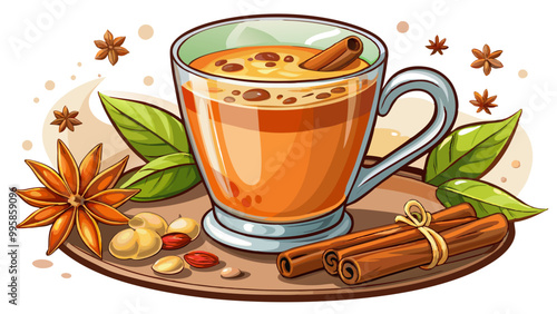 Freshly brewed coffee with a sprinkle of cinnamon brainstimulating beverage rich in antioxidants , Indian Masala chai tea. Traditional Indian hot drink with milk and spices on white background closeup