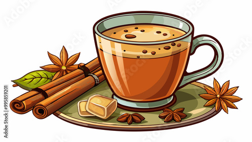 Freshly brewed coffee with a sprinkle of cinnamon brainstimulating beverage rich in antioxidants , Indian Masala chai tea. Traditional Indian hot drink with milk and spices on white background closeup
