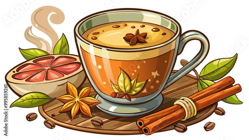 Freshly brewed coffee with a sprinkle of cinnamon brainstimulating beverage rich in antioxidants , Indian Masala chai tea. Traditional Indian hot drink with milk and spices on white background closeup