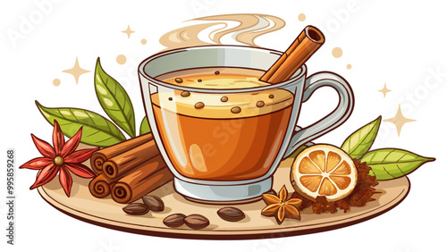 Freshly brewed coffee with a sprinkle of cinnamon brainstimulating beverage rich in antioxidants , Indian Masala chai tea. Traditional Indian hot drink with milk and spices on white background closeup