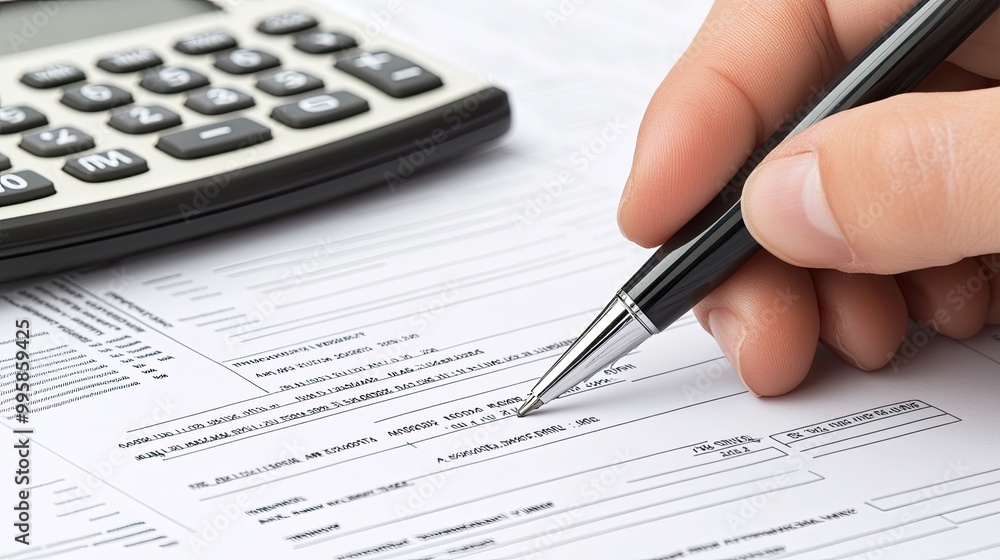 A hand grips a pen while reviewing financial documents and using a calculator, illustrating the critical nature of precise record-keeping in effective financial planning A hand grips a pen while reviewing financial documents and using a calculator, illustrating the critical nature of precise record-keeping in effective financial planning
