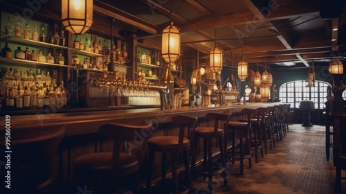 Cozy Bar Interior with Warm Lighting and Wooden Furnishings