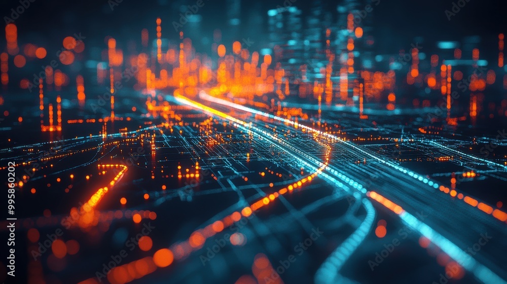 A digital map with glowing data points, illustrating optimized delivery routes and logistics in a double exposure style A digital map with glowing data points, illustrating optimized delivery routes and logistics in a double exposure style