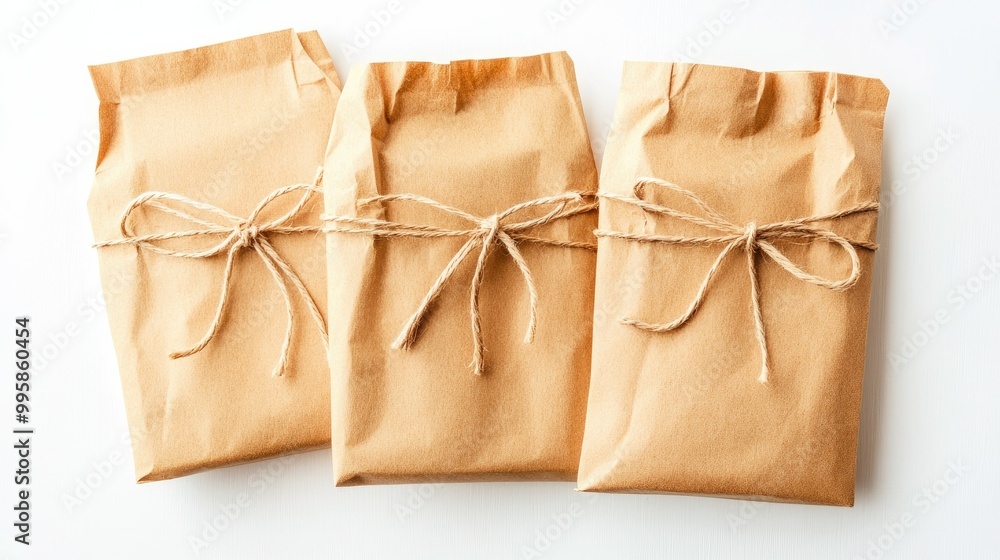 A set of small paper bags with string ties, arranged on a white background, perfect for gift wrapping or product packaging. A set of small paper bags with string ties, arranged on a white background, perfect for gift wrapping or product packaging.