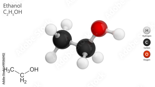 Tableau sur toile Animation of an (alcohol) ethanol molecule with 2d structure and 3d model