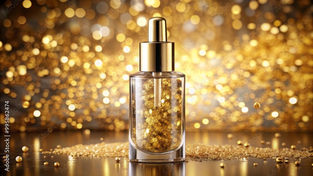 Luxurious golden bottle with dropper containing golden particles is standing on a glittering background Luxurious golden bottle with dropper containing golden particles is standing on a glittering background