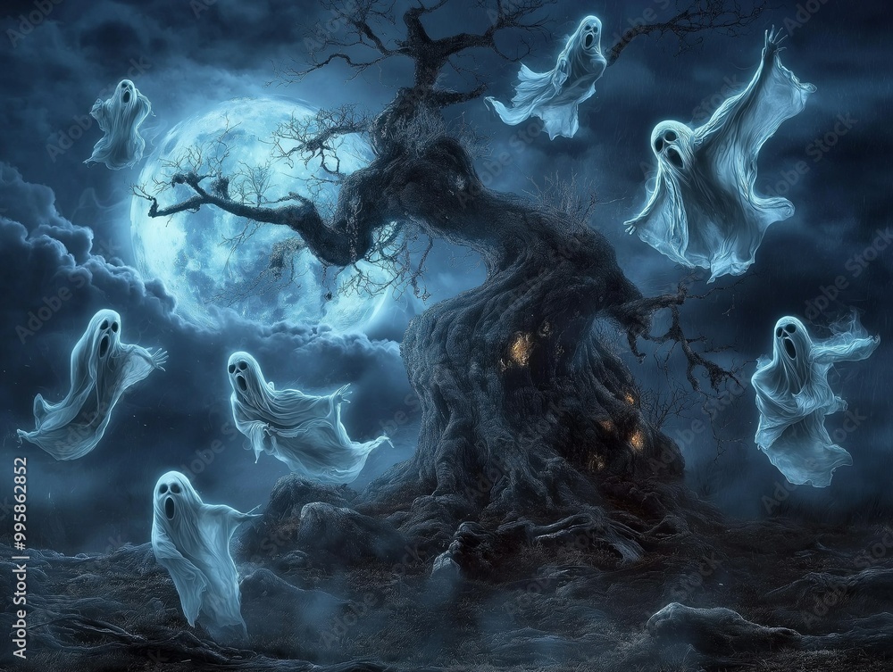Obraz premium ghosts flying around an old tree in the moonlight.
