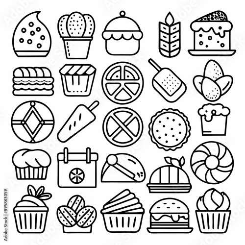 Collection of Food and Restaurant 25 Lineal Icons Pack. Bread, bakery products, pastry and confectionery icon set. Isolated line icons 