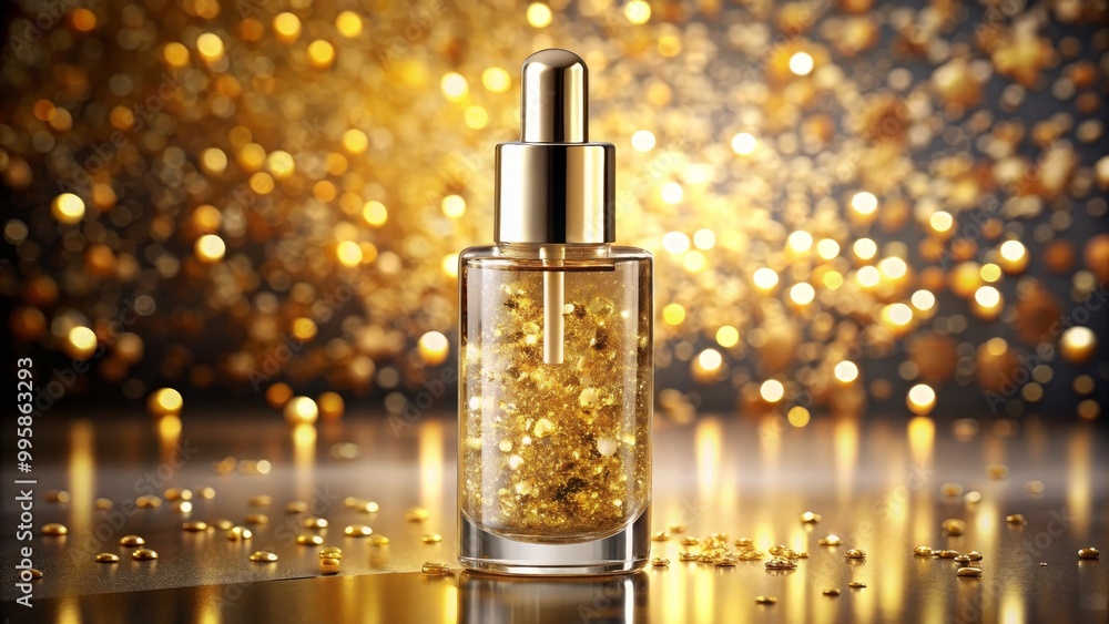Luxurious golden bottle with dropper containing golden particles is standing on a glittering background Luxurious golden bottle with dropper containing golden particles is standing on a glittering background