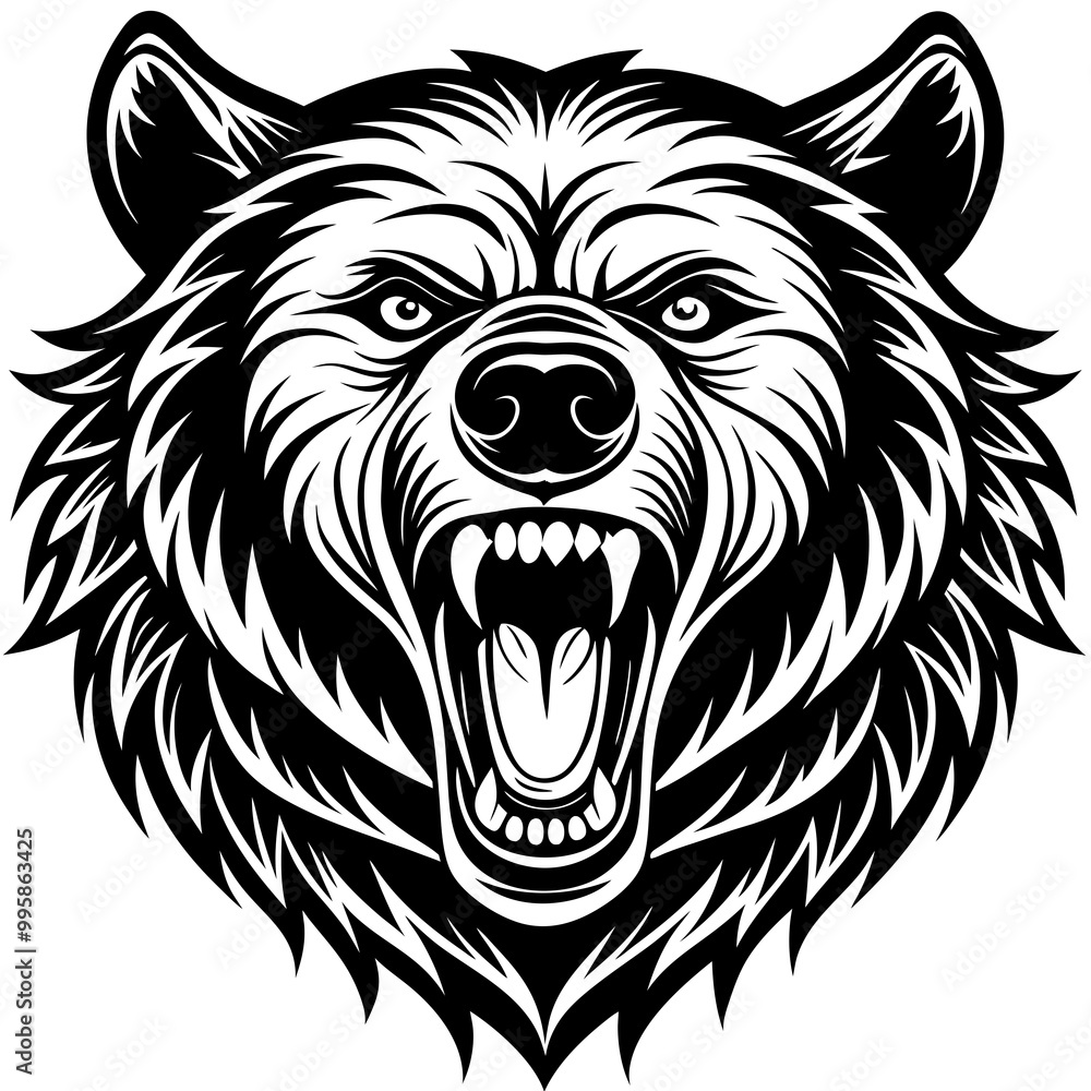 head of a ferocious grizzly bear , angry grizzly head roaring, Three roaring lion heads in fierce black and white illustration. head of a ferocious grizzly bear , angry grizzly head roaring, Three roaring lion heads in fierce black and white illustration.