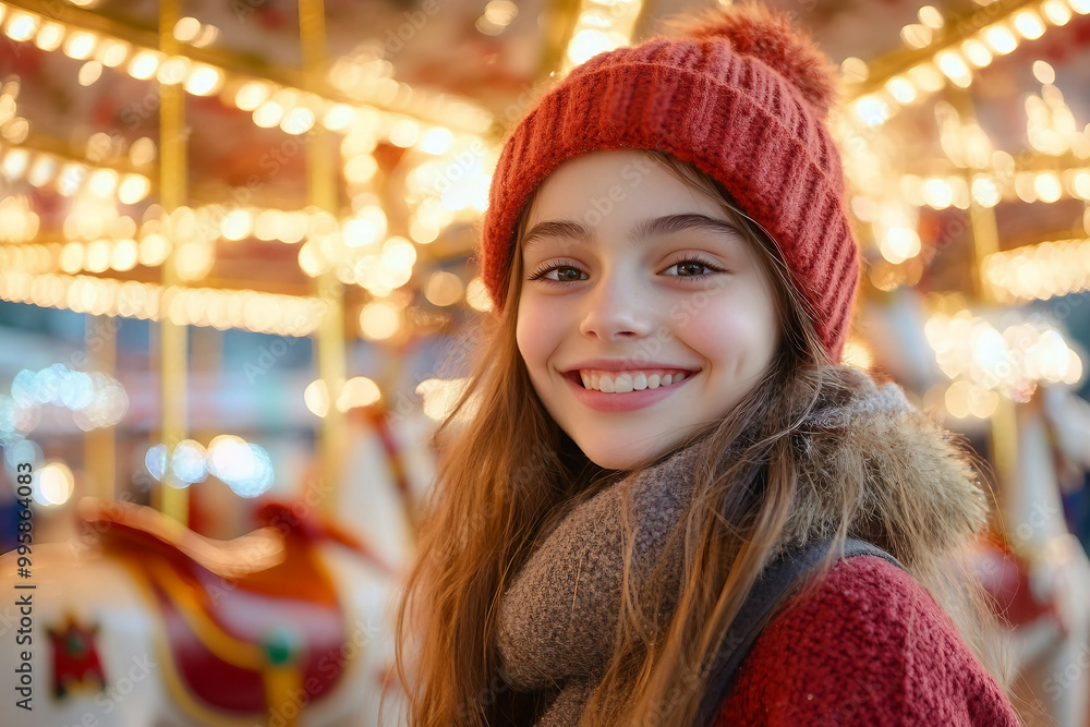 Generative AI image of joyful winter Christmas fair with snow falling festive lights, perfect for holiday and celebration themes