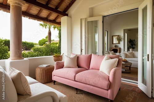 Cozy Loveseat with Soft Pink and Ivory Cushions in Airy Mediterranean Villa Sunroom