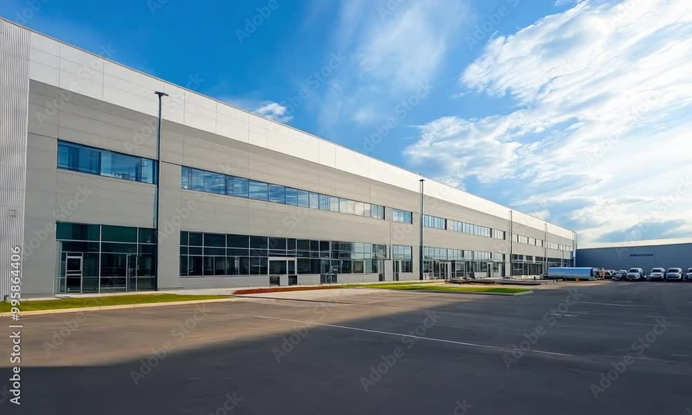 Modern warehouse building rotates showing loading docks for trucks and a large empty parking lot