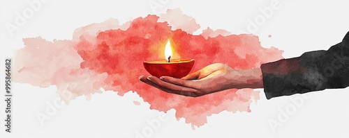 Hand holding a lit oil lamp on a colorful abstract background. photo