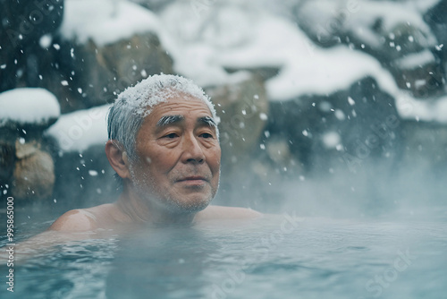 Generative AI: Serene winter resort scene with steaming hot springs
