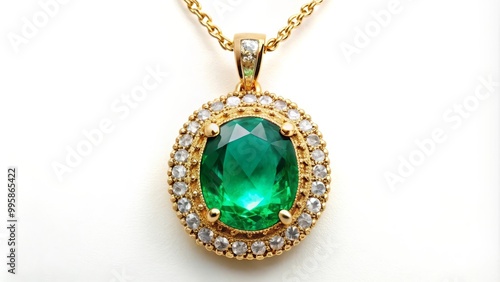 Golden necklace with a large emerald surrounded by diamonds, lying on a white background