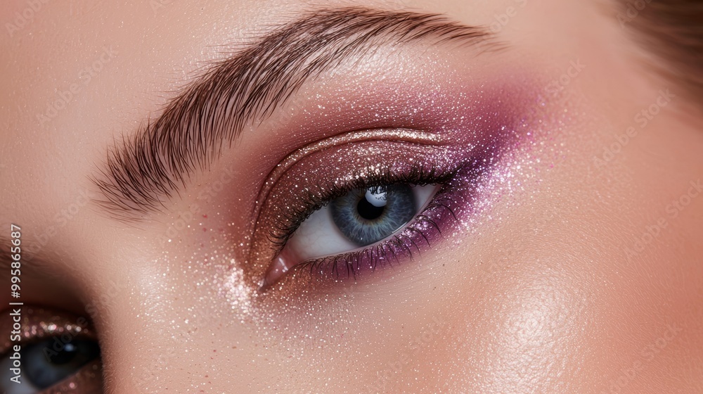 Obraz premium A collection of deep plum and gold glitter eyeshadow swatches, paired with black eyeliner for a bold, glittery smokey eye.