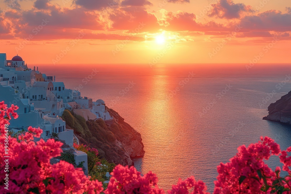 breathtaking santorini sunset whitewashed buildings cascading down cliffs vibrant bougainvillea aegean sea panorama