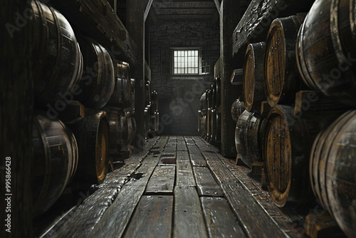 Generative AI image of a rustic distillery barrel room