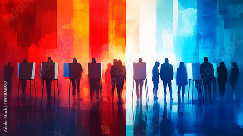 Abstract Scene of Voters Casting Ballots Against a Bold Red, White, and Blue Gradient Background, Emphasizing Civic Duty and Unity