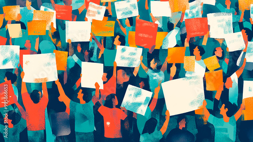Abstract Illustration of a Large Crowd Protesting with Colorful Signs, Depicting Social Activism and Unity