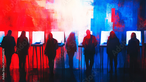 Silhouetted Voters Standing at Booths with a Striking Red and Blue Abstract Background, Symbolizing Unity and the Democratic Process