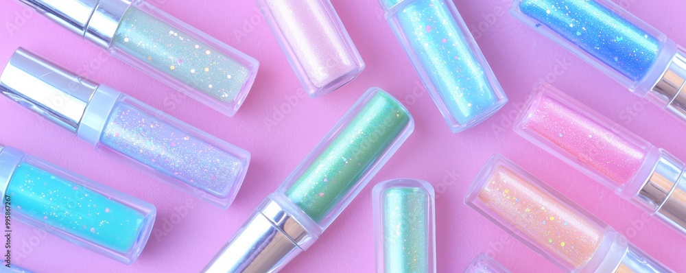 A flat-lay of Cybergem lip gloss, Escapist Green blush, and Skylight Blue highlighter swatches, arranged in an artistic pattern with soft metallic finishes. A flat-lay of Cybergem lip gloss, Escapist Green blush, and Skylight Blue highlighter swatches, arranged in an artistic pattern with soft metallic finishes.