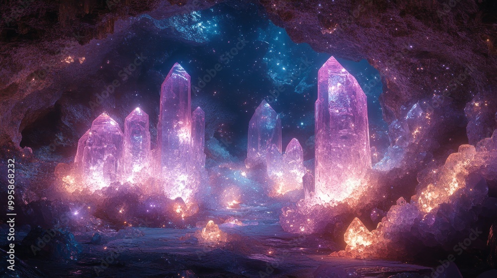 A mystical cave filled with glowing purple crystals and ambient light. A mystical cave filled with glowing purple crystals and ambient light.