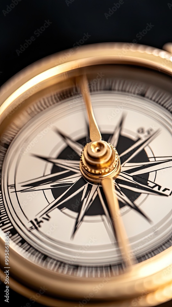 Fototapeta premium The antique compass displays a golden body and intricate craftsmanship, with the needle visibly oriented north, set against a contrasting dark background