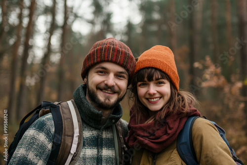 Couple traveling together in autumn forest generative AI