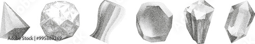 3D vector gradient geometric shapes with noise effect. Cube, cylinder, triangle, rhombus with grainy dot texture.